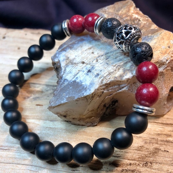 Hand Crafted Jewelry - Hand Crafted Bohemian Ruby Red Jade & Matte Onyx Bracelet